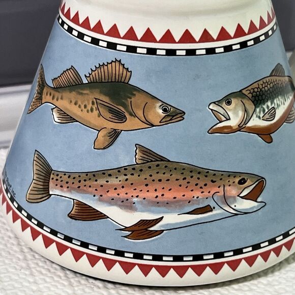 VINTAGE Cape Shore Inc. FISH Ceramic Travel Coffee Mug White Tapered Trout Bass - Picture 7 of 13